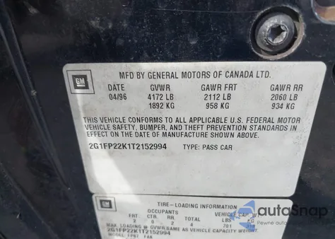 1996 Chevrolet Camaro Rs из США, поврежденный, VIN 2G1FP22K1T2152994